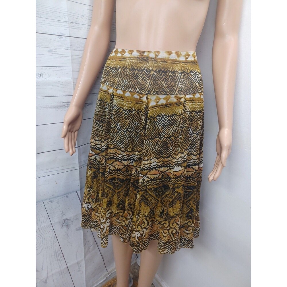 Chicos Skirt 100% Silk Sz 0 (S) Tribal Pleated Flare Brown Black Festival